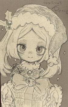 1girl 2025 alternate_costume bags_under_eyes bloody_marie_(skullgirls) box christmas christmas_present dated fur_trim gift gift_box graphite_(medium) hair_ornament half-closed_eyes hat highres holly holly_hair_ornament looking_at_viewer monochrome outstretched_hand ryantoruhuhu santa_hat skullgirls smile solo sparkle traditional_media upper_body