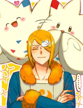 1boy blonde_hair blush character_hair_ornament closed_eyes closed_mouth collarbone crossed_arms fur-trimmed_jumpsuit fur_trim gen_4_pokemon ginkgo_guild_uniform hair_ornament hair_over_one_eye highres jumpsuit long_sleeves nintendo no_ichigo open_mouth pokemon pokemon_(creature) pokemon_legends:_arceus short_hair smile togekiss volo_(pokemon)