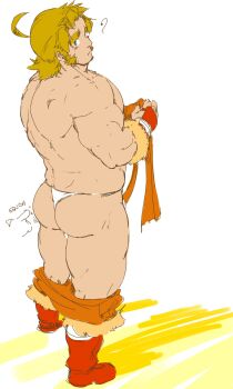 1boy ? ass bara between_buttocks bikini_briefs blonde_hair blush clothes_pull doodle_inset facial_hair forge_(piikeisandaa) from_side full_body highres huge_eyebrows long_sideburns looking_at_viewer looking_to_the_side male_focus male_underwear mature_male medium_hair mutton_chops original pants pants_pull piikeisandaa sideburns sideburns_stubble solo standing strongman_waist stubble thick_thighs thighs topless_male underwear unfinished white_male_underwear