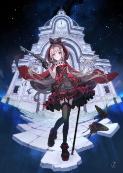 Rule 34 | 1girl, absurdres, black thighhighs, bow, bug, butterfly, cane, cape, commentary request, dress, flower, full body, garter straps, goth fashion, gothic lolita, green eyes, grey hair, gun, heterochromia, high heels, highres, holding, holding cane, holding gun, holding weapon, hood, hood up, hooded cape, insect, layered dress, lolita fashion, long hair, mikisai, night, original, outdoors, parted lips, red eyes, signature, sky, solo, standing, standing on one leg, star (sky), starry sky, tachi-e, thighhighs, tile floor, tiles, weapon