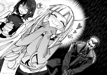 Rule 34 | 1boy, 2girls, alternate costume, bare shoulders, character request, cho kaguya-hime!, closed eyes, commentary, copyright request, crepe, crossover, drooling, flower, food, greyscale, gun, hands on own face, heart, highres, holding, holding crepe, holding food, holding gun, holding weapon, kaguya (cho kaguya-hime!), long hair, long sleeves, medium hair, midriff, mole, mole under eye, monochrome, multiple girls, navel, necktie, nervous sweating, rain, sakayori iroha, short hair, sleeves past wrists, smile, sunflower, sweat, twitter username, untranslatable commentary, weapon, xiaoju xiaojie