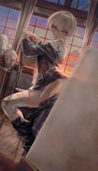 1girl absurdres bandaged_leg bandages bottomless clothes_pull commentary_request convenient_censoring convenient_leg grey_eyes hair_between_eyes highres indoors jacket looking_at_viewer modeling no_panties original pants pants_pull partially_undressed short_hair sitting sky soleil_(soleilmtfbwy03) solo thighs tomboy twilight underwear