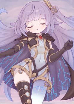 1girl black_cape blush cape closed_eyes collarbone commentary_request duel_monster galatea-i_the_orcust_automaton galatea_the_orcust_automaton highres humanoid_robot ib_(yu-gi-oh!) long_hair navel open_mouth parted_lips purple_hair robot robot_girl smile takatsurt yu-gi-oh!