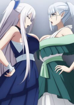 2girls alexia_midgar annoyed armpits beta_(kage_no_jitsuryokusha_ni_naritakute!) blue_dress breast_press breasts cleavage_cutout clothing_cutout dress earrings elf face-to-face from_side glasses green_dress hand_on_own_hip highres jewelry kage_no_jitsuryokusha_ni_naritakute! large_breasts long_hair makiri_akira multiple_girls open_mouth pointy_ears princess short_hair symmetrical_docking