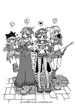 2000s_(style) 4girls alchemist_(ragnarok_online) apple bad_id boots bow_(weapon) breasts brick_floor newsboy_cap cleavage closed_mouth coat commentary_request copyright_notice crop_top cross cross_necklace dated_commentary deviruchi_hat dress eating elbow_gloves fingerless_gloves fishnet_pantyhose fishnets food fruit full_body fur-trimmed_coat fur-trimmed_shorts fur_collar fur_trim gloves greyscale hat hat_ornament heart holding holding_bow_(weapon) holding_food holding_fruit holding_jewelry holding_necklace holding_weapon hunter_(ragnarok_online) jester_cap jewelry juliet_sleeves korean_commentary leaning_forward long_hair long_sleeves looking_at_viewer marine_sphere medium_breasts midriff miniskirt monochrome monster_gogo multiple_girls musical_note navel necklace official_art open_mouth pantyhose pointy_ears priest_(ragnarok_online) puffy_sleeves ragnarok_online rogue_(ragnarok_online) shoes short_dress short_hair short_shorts short_sleeves shorts shorts_under_skirt sideways_hat skirt small_breasts smile spoken_heart spoken_musical_note spoken_smile star_(symbol) star_hat_ornament swept_bangs weapon