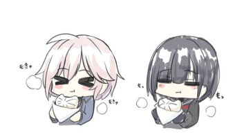 &gt;_&lt; 2girls :t ahoge anastasia_(idolmaster) black_gloves black_hair black_sailor_collar black_shirt blue_jacket brown_hair chibi closed_eyes closed_mouth cropped_torso eating facing_viewer food gloves holding holding_food idolmaster idolmaster_cinderella_girls jacket kawamochi_(kawauti919) long_sleeves multiple_girls puffy_long_sleeves puffy_sleeves sailor_collar shirayuki_chiyo shirt simple_background steam steamed_bun upper_body white_background