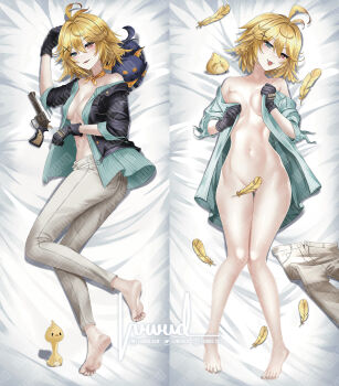 1girl antenna_hair aqua_eyes aqua_nails aqua_shirt artist_name baby_animal barefoot bed_sheet bird black_gloves black_jacket blonde_hair breasts breasts_apart chick collarbone convenient_censoring dakimakura_(medium) dog dokibird dokibird_(bounty_hunter) fang feathers feet full_body gloves grey_pants gun handgun heterochromia highres indie_virtual_youtuber jacket knees_together_feet_apart legs looking_at_viewer luwudco lying medium_breasts medium_hair multiple_views nail_polish navel on_back on_bed open_clothes open_jacket open_shirt pants red_eyes revolver shirt skin_fang soles toenail_polish toenails toes tongue tongue_out unworn_pants virtual_youtuber watermark weapon web_address