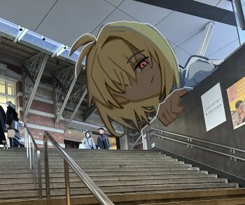 1girl ahoge arcueid_brunestud giant giantess hair_between_eyes hair_over_one_eye leaning_forward light_smile looking_at_viewer peeking photo_background red_eyes size_difference smile stairs sweater tsukihime tsukihime_(remake) turtleneck turtleneck_sweater white_sweater yarakasitenaita