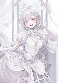 1girl :d absurdres beads blush bow braid breasts bug butterfly cleavage colored_eyelashes cowboy_shot cross-laced_clothes cross-laced_dress dress earrings elbow_gloves flower gloves grey_eyes highres indoors insect jewelry lace lace-trimmed_gloves lace_trim layered_dress long_hair looking_at_viewer medium_breasts open_mouth original puffy_short_sleeves puffy_sleeves rose short_sleeves smile solo suna6080 swept_bangs teeth throne upper_teeth_only very_long_hair wavy_hair white_bow white_butterfly white_dress white_flower white_gloves white_hair white_rose white_theme