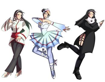 1girl ballerina ballet breasts dress earrings hairband heel_up highres jewelry kagura_chizuru leg_up long_hair long_sleeves medium_breasts mugenkairo95 nonyoriyagami nun pale_skin pants shoes skirt socks standing standing_on_one_leg the_king_of_fighters thick_thighs thighs wide_hips