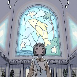 1girl adversarial_noise backlighting bag collared_shirt dolphin dot_nose dress facing_viewer fucca grey_hair highres indoors long_sleeves looking_up open_mouth original pillar pinafore_dress shirt short_hair shoulder_bag signature sleeveless sleeveless_dress solo stained_glass star_(symbol) white_dress window