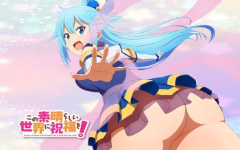 :d aqua_(konosuba) ass ass_focus bare_legs blue_dress blue_eyes blue_hair blue_skirt bottomless breasts butt_crack detached_sleeves dress female_focus foreshortening hair_rings huge_ass kono_subarashii_sekai_ni_shukufuku_wo! legs long_hair looking_at_viewer looking_back miniskirt no_panties official_art open_mouth ponytail sideboob single_hair_ring skirt smile solo source_request thick_thighs thighs wallpaper