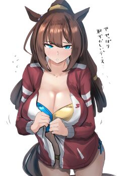 1girl absurdres animal_ears bikini blue_bikini blue_eyes breasts brown_hair cleavage collarbone cowboy_shot ear_ornament el_condor_pasa_(umamusume) embarrassed gold_bikini highres horse_ears horse_girl horse_tail jacket kanikama25 large_breasts long_hair long_sleeves looking_at_viewer multicolored_bikini no_mask parted_lips ponytail red_jacket simple_background solo swimsuit swimsuit_under_clothes tail tracen_training_uniform track_jacket translation_request two-tone_bikini umamusume white_background