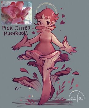 Rule 34 | 1girl, colored skin, english text, feefal, full body, fungi, funguary, gloves, halo, heart, highres, monster girl, mushroom, mushroom girl, object and personification, original, personification, photo inset, pink hair, pink skin, procreate (medium), reference inset, short hair, signature, simple background, solo
