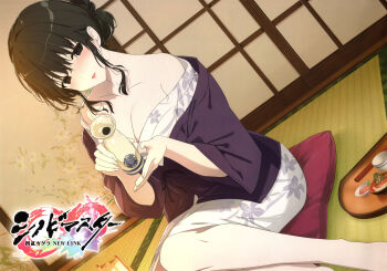 1girl absurdres after_bathing alcohol bath_yukata black_eyes black_hair blush bottle breasts cleavage comiket_105 drunk food fubuki_(senran_kagura) hair_bun highres holding holding_bottle japanese_clothes kimono large_breasts logo long_sidelocks looking_at_viewer magazine_scan official_art open_clothes open_kimono open_mouth pouring ryokan sake sake_bottle scan senran_kagura senran_kagura_new_link sidelocks single_hair_bun sitting sliding_doors smile solo tatami tray wet wet_hair yaegashi_nan yukata