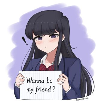 ! 1girl absurdres black_eyes black_hair blue_jacket blush bow bowtie closed_mouth commentary cropped_torso diagonal-striped_bow diagonal-striped_bowtie diagonal-striped_clothes dot_mouth english_text highres holding holding_paper itan_private_high_school_uniform jacket komi-san_wa_komyushou_desu komi_shouko long_hair long_sleeves looking_at_viewer paper purple_background red_bow red_bowtie school_uniform solo striped_bow striped_bowtie striped_clothes swept_bangs white_background yukaraishin