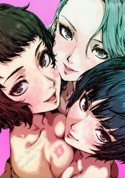 3girls absurdres blue_hair breasts brown_eyes brown_hair grey_eyes grey_hair highres hug kawakami_sadayo lipstick_mark looking_at_viewer medium_breasts multiple_girls niijima_sae nude oeilvert_fft persona persona_5 takemi_tae
