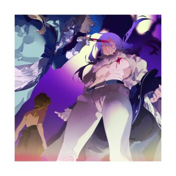 2boys abs bare_back bare_chest blood bloody_weapon bloom blue_dress blue_eyes blue_hair choker clenched_teeth crossdressing crossdressing_(mtf) dagger dress evillious_nendaiki foreshortening from_below gumi gumina_glassred jacket kaito_(vocaloid) kamui_gakupo karchess_crim knife long_hair looking_down multiple_boys open_clothes open_jacket open_shirt pectorals ponytail purple_eyes purple_hair purple_theme sateriasis_venomania sidelocks smirk spencer_sais stab surprised teeth toned toned_male venomania_kou_no_kyouki_(vocaloid) vocaloid weapon