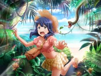 1girl blue_hair blurry blurry_foreground breasts brown_bag brown_eyes fern flower_request game_cg hanayagi_kaoruko hat jungle medium_breasts medium_hair motion_lines nature navel official_art open_mouth pink_shirt plaid_clothes plaid_skirt running sandals shirt shoujo_kageki_revue_starlight shoujo_kageki_revue_starlight_-re_live- skirt snake solo stomach straw_hat tears upper_body wavy_mouth yellow_skirt