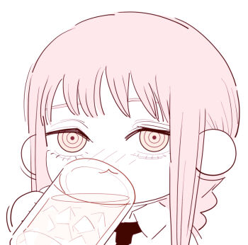 1girl beer_mug chainsaw_man chibi chibi_only collared_shirt cup deer60868637 drinking holding holding_cup limited_palette long_hair looking_at_viewer makima_(chainsaw_man) mug necktie pink_hair ringed_eyes shirt sidelocks solo yellow_eyes