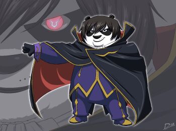 1boy alternate_costume animal_ears animal_nose arm_up artist_name ascot black_cape black_eyes black_fur black_gloves black_hair blue_coat blue_pants body_fur cape closed_mouth coat cosplay diskette fat fat_man full_body furry furry_male geass gloves glowing glowing_eyes gold_trim hair_between_eyes happy high_collar kung_fu_panda long_sleeves looking_at_viewer male_focus multiple_views outline outstretched_arm panda_boy panda_ears pants pink_eyes po_(kung_fu_panda) short_hair sidelocks signature smile standing two-sided_cape two-sided_fabric two-tone_fur white_ascot white_fur white_outline zero_(code_geass) zero_(code_geass)_(cosplay) zoom_layer