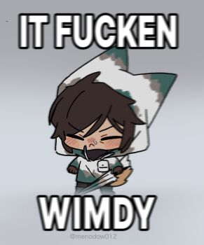 blush_stickers boots brown_hair chibi closed_eyes dark-skinned_female dark_skin dirty dirty_clothes e.g.o_(project_moon) english_text fox_tail gradient_background green_boots limbus_company meme outis_(project_moon) project_moon raincoat rubber_boots short_hair sunshower_(e.g.o) tail twitter_username umbrella white_raincoat wind yippee