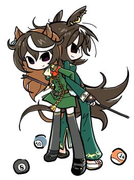 1girl 2girls aiguillette animal_ears ascot back-to-back ball billiard_ball black_thighhighs blush breasts brown_eyes brown_hair cape closed_mouth commentary_request commission cue_stick deformed ear_ornament earrings epaulettes fingerless_gloves gloves green_jacket green_pants green_skirt hair_between_eyes horse_ears horse_girl horse_tail jacket jewelry korean_commentary locked_arms long_hair long_sleeves medal multicolored_hair multiple_girls nooctadesu pants red_cape side_cape simple_background single_earring single_epaulette sirius_symboli_(feroce)_(umamusume) sirius_symboli_(umamusume) skirt smile streaked_hair symboli_rudolf_(emperor&#039;s_path)_(umamusume) symboli_rudolf_(umamusume) tail thighhighs umamusume very_long_hair white_ascot white_background white_gloves white_hair