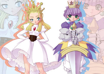 2girls armor armored_dress atlus blonde_hair bloomers blue_eyes brooch capcom crossover crown cyberbots devilot_de_deathsatan_ix dress earrings forehead gauntlets girdle gold_crown gradriel gradriel_de_valendia green_eyes hair_slicked_back jewelry lingerie long_hair multiple_girls petticoat princess_crown purple_hair ruuen_rouga sword underwear uneven_eyes weapon white_bloomers zoom_layer