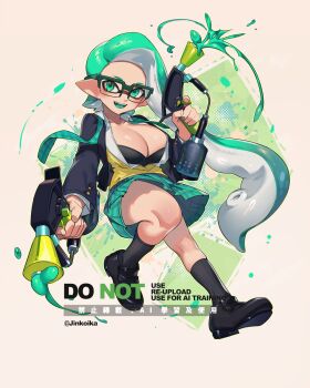 Rule 34 | 1girl, :d, black bra, black shoes, black socks, blazer, blue jacket, bra, breasts, cleavage, collared shirt, colored tongue, commentary, dual wielding, english commentary, full body, glasses, green-framed eyewear, green eyes, green hair, green necktie, green skirt, green tongue, hero dualies (splatoon), highres, holding, holding weapon, inkling, inkling girl, inkling player character, jacket, jinkoika, kneehighs, large breasts, loafers, long hair, long sleeves, looking at viewer, necktie, nintendo, open clothes, open mouth, open shirt, over-rim eyewear, plaid clothes, plaid skirt, pointy ears, school uniform, semi-rimless eyewear, shirt, shoes, skirt, smile, socks, solo, splatoon (series), sweater vest, tentacle hair, underwear, undone necktie, very long hair, weapon, white shirt, yellow sweater vest