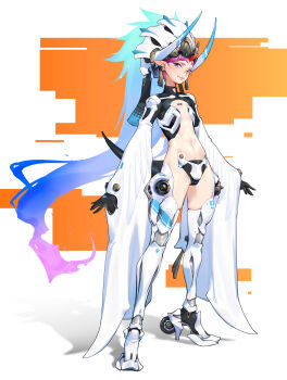 1girl absurdres blue_eyes crotch_plate earrings flat_chest full_body gloves helmet high_heels highres horns jewelry long_hair mecha_musume melonplus original pink_hair pointy_ears science_fiction smile solo very_long_hair wide_sleeves