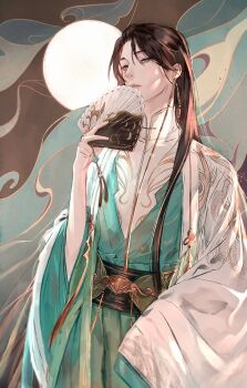 1boy belt brown_hair chinese_clothes dress earrings folding_fan green_dress hand_fan hanfu highres holding holding_fan jewelry kkcoocool long_hair long_sleeves male_focus modao_zushi nie_huaisang single_earring smoke solo tassel