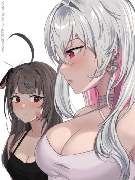 2girls ahoge bandaid bandaid_on_face blush borrowed_character breasts brown_hair bug cleavage commentary crop_top ear_piercing earrings english_commentary girl_staring_at_guy's_chest_(meme) highres insect jewelry large_breasts long_hair looking_at_another looking_at_breasts medium_breasts meme mole mole_on_breast mole_under_eye moth multicolored_hair multiple_girls multiple_moles original parted_lips piercing pink_hair red_eyes shirt spaghetti_strap sweatdrop two-tone_hair upper_body vickie_(cryingrobot) vickie_(cryingrobot)_(character) vivi_(vitaminechan) white_background white_hair