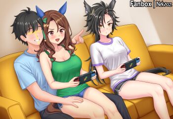2girls absurdres air_shakur_(umamusume) animal_ears bilingual_commentary black_hair black_shorts blue_shorts breasts brown_hair camisole cleavage commentary commission couch ear_covers english_commentary faceless faceless_male fanbox_username green_camisole handheld_game_console highres holding holding_handheld_game_console horse_ears horse_girl horse_tail king_halo_(umamusume) long_hair medium_breasts mixed-language_commentary multiple_girls nekroz7 nintendo_switch on_couch open_mouth pixiv_commission playing_games red_eyes shirt short_hair shorts sitting smile t-head_trainer_(umamusume) tail thighs trainer_(umamusume) umamusume white_shirt yellow_eyes