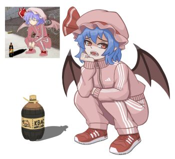 Rule 34 | 1girl, absurdres, adidas, alternate costume, bat wings, blue hair, bottle, commentary, duhota, english commentary, food, hat, hat ribbon, highres, long sleeves, looking at viewer, mob cap, open mouth, pink hat, pointy ears, popsicle, red eyes, red ribbon, red shoes, reference inset, remilia scarlet, ribbon, shoes, short hair, simple background, slit pupils, sneakers, solo, sportswear, squatting, touhou, white background, wings