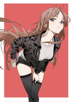 1girl bang_dream! bang_dream!_it&#039;s_mygo!!!!! black_jacket black_shorts black_thighhighs blue_eyes border breasts brown_hair commentary hashtag-only_commentary highres jacket kissshotmagia long_hair long_sleeves medium_breasts nagasaki_soyo open_mouth outside_border red_background shorts simple_background solo sweater thighhighs white_border white_sweater