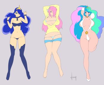 3girls barefoot bikini blue_eyes blue_hair breasts princess_celestia curvy doxy fluttershy green_eyes green_hair huge_breasts large_breasts long_hair princess_luna multicolored_hair multiple_girls my_little_pony my_little_pony:_friendship_is_magic personification pink_hair purple_eyes swimsuit wide_hips