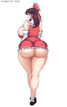 1girl ass bow breasts detached_sleeves frilled_bow frilled_hair_tubes frills gohei hair_bow hair_tubes hakurei_reimu highres huge_ass huge_breasts long_hair looking_at_viewer looking_back miniskirt nontraditional_miko red_bow red_skirt ribbon-trimmed_sleeves ribbon_trim sideboob simple_background skindentation skirt skirt_set solo thick_thighs thighs tomboyist touhou white_background