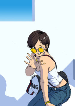 1girl absurdres bag bandages bare_shoulders black_eyes brown_hair denim earrings female_focus hetzersky highres jeans jewelry looking_over_eyewear looking_over_glasses nail_polish original pants short_hair simple_background sitting solo sunglasses suspenders tagme tank_top tinted_eyewear yellow-tinted_eyewear yellow-tinted_glasses