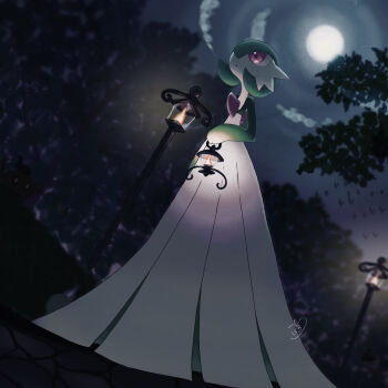 1girl :o arm_at_side artist_name blurry blurry_background bob_cut cloud colored_skin dark dutch_angle female_focus fire fisheye flat_chest from_below full_body full_moon gardevoir gen_3_pokemon green_hair green_skin hadzuki_iroha hair_over_one_eye hand_up highres holding_lamp lamppost looking_afar moon multicolored_skin night nintendo one_eye_covered open_mouth outdoors pokemon pokemon_(creature) red_eyes short_hair signature solo standing two-tone_skin white_skin