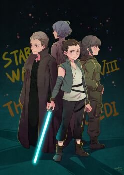 Rule 34 | 2017, 4girls, admiral holdo, age difference, animification, back-to-back, black hair, boots, brown eyes, brown hair, coat, dated, dress, el (mushboom), energy sword, fingerless gloves, gloves, grey hair, highres, hooded, jedi, jumpsuit, lightsaber, looking at viewer, mechanic, multiple girls, old, old woman, ponytail, princess leia, rey (star wars), rose tico, science fiction, signature, smirk, star (sky), star wars, star wars: the last jedi, sword, uniform, vest, weapon