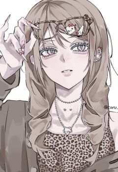 1girl animal_print bead_necklace beads brown_hair brown_jacket caru_c1 commentary ear_piercing eyebrow_piercing eyewear_on_head face_piercing glasses gyaru hair_ornament hairclip hand_up hello_kitty_hair_ornament highres jacket jewelry leopard_print long_hair long_sleeves looking_to_the_side neck_pillow necklace original parted_bangs parted_lips piercing pink_eyes simple_background solo symbol-only_commentary tank_top upper_body white_background