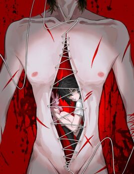 Rule 34 | 1boy, aged down, black hair, black shorts, cross scar, green eyes, hair between eyes, highres, male focus, multiple views, nipples, nude, qianyuzhu2, red background, scar, scar on arm, scar on chest, scar on thighs, self-harm, short hair, short sleeves, shorts, slow damage, splatter, stitched torso, stitches, stuffed animal, stuffed rabbit, stuffed toy, towa (slow damage)