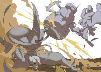 Rule 34 | battle, closed eyes, cowering, debris, dust, eyelashes, gen 5 pokemon, hammer, hands on own head, hashtag-only commentary, holding, holding hammer, kingambit, long hair, monochrome, nintendo, open mouth, partially colored, pawniard, pokemon, pokemon (creature), pokemon focus, smile, tinkaton, white background, wizter27