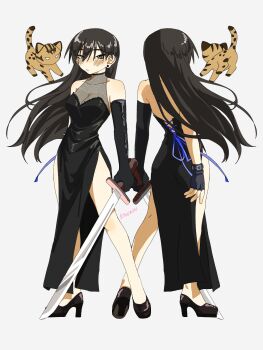 Rule 34 | 1girl, alternate costume, artist name, asymmetrical gloves, azumanga daiou, backless dress, backless outfit, bare shoulders, black dress, black eyes, black footwear, black gloves, black hair, blush, breasts, brown cat, cat, cleavage, closed mouth, collarbone, commentary, dress, earrings, elbow gloves, embarrassed, english commentary, expressionless, facing away, fingerless gloves, fishnets, floating hair, gloves, hair between eyes, halterneck, high heels, highres, holding, holding sword, holding weapon, jewelry, kyuunn, lace-up, large breasts, long hair, looking at viewer, mayaa (azumanga daioh), multiple views, sakaki (azumanga daioh), shoes, side slit, signature, simple background, stud earrings, sword, very long hair, weapon, white background, wind