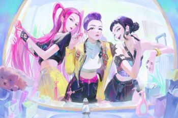 3girls absurdres applying_makeup aqua_shirt bathroom black_gloves black_hair black_pantyhose black_shirt blunt_bangs braid breasts brown_eyes crop_top double_bun earrings fingerless_gloves gloves hair_bun half_updo halterneck hashtag-only_commentary highres inog-eun jacket jewelry kpop_demon_hunters long_hair looking_at_mirror medium_breasts midriff mira_(kpop_demon_hunters) mirror multiple_girls multiple_rings nail_polish necklace open_mouth pantyhose parted_bangs parted_lips pink_hair purple_hair ring rumi_(kpop_demon_hunters) shirt short_bangs sidelocks single_braid single_shoulder_pad sink skirt stuffed_animal stuffed_toy teddy_bear third-party_edit turtleneck twintails updo very_long_hair white_shirt yellow_jacket yellow_skirt zoey_(kpop_demon_hunters)