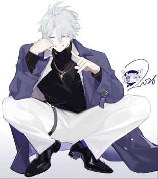 Rule 34 | 1boy, antenna hair, black shoes, black sweater, blue coat, blue eyes, chimera (honkai: star rail), coat, collared shirt, highres, honkai: star rail, honkai (series), male focus, nineo, official alternate costume, one eye closed, open clothes, open coat, open shirt, pants, parted bangs, phainon (honkai: star rail), phainon (luckin coffee) (honkai: star rail), phainon (vigethos) (honkai: star rail), shirt, shoes, short hair, solo, squatting, sweater, thigh strap, turtleneck, turtleneck sweater, white hair, white pants, white shirt
