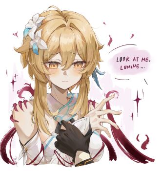 1boy 1girl aether_(genshin_impact) black_gloves blonde_hair blush closed_mouth commentary cropped_torso detached_sleeves dress english_text flower genshin_impact gloves grabbing_another&#039;s_arm hair_between_eyes hair_flower hair_intakes hair_ornament halter_dress halterneck highres inteyvat_flower_(genshin_impact) lumine_(genshin_impact) scarf short_hair_with_long_locks solo_focus upper_body vanillashiii white_background white_dress white_scarf white_sleeves yellow_eyes