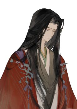 1boy absurdres black_hair black_hanfu black_robe chinese_clothes chinese_commentary closed_eyes closed_mouth coat code:_kite commentary_request curtained_hair daxiushan expressionless hanfu highres long_hair long_sleeves male_focus official_alternate_hair_color parted_bangs rachelee618 red_coat red_hanfu robe simple_background solo upper_body white_background zuo_ci_(code:_kite)