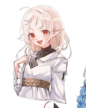 1girl ahoge blush elf highres medium_hair mushoku_tensei open_mouth pointy_ears red_eyes solo spica59 sylphiette_(mushoku_tensei) white_background white_hair