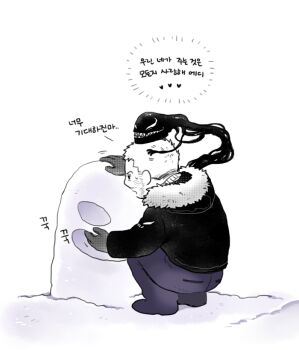 1boy commentary eddie_brock gloves greyscale hood hood_down hooded_jacket jacket korean_commentary korean_text male_focus marvel monochrome pants parka qo0q0op short_hair snowman sony's_spider-man_universe sparse_stubble speech_bubble spider-man_(series) squatting symbol-only_commentary venom_(2018) venom_(marvel)